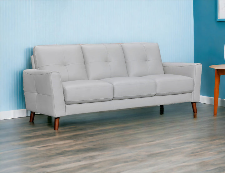 82" Light Slate Gray Leather Sofa With Brown Legs Image 11