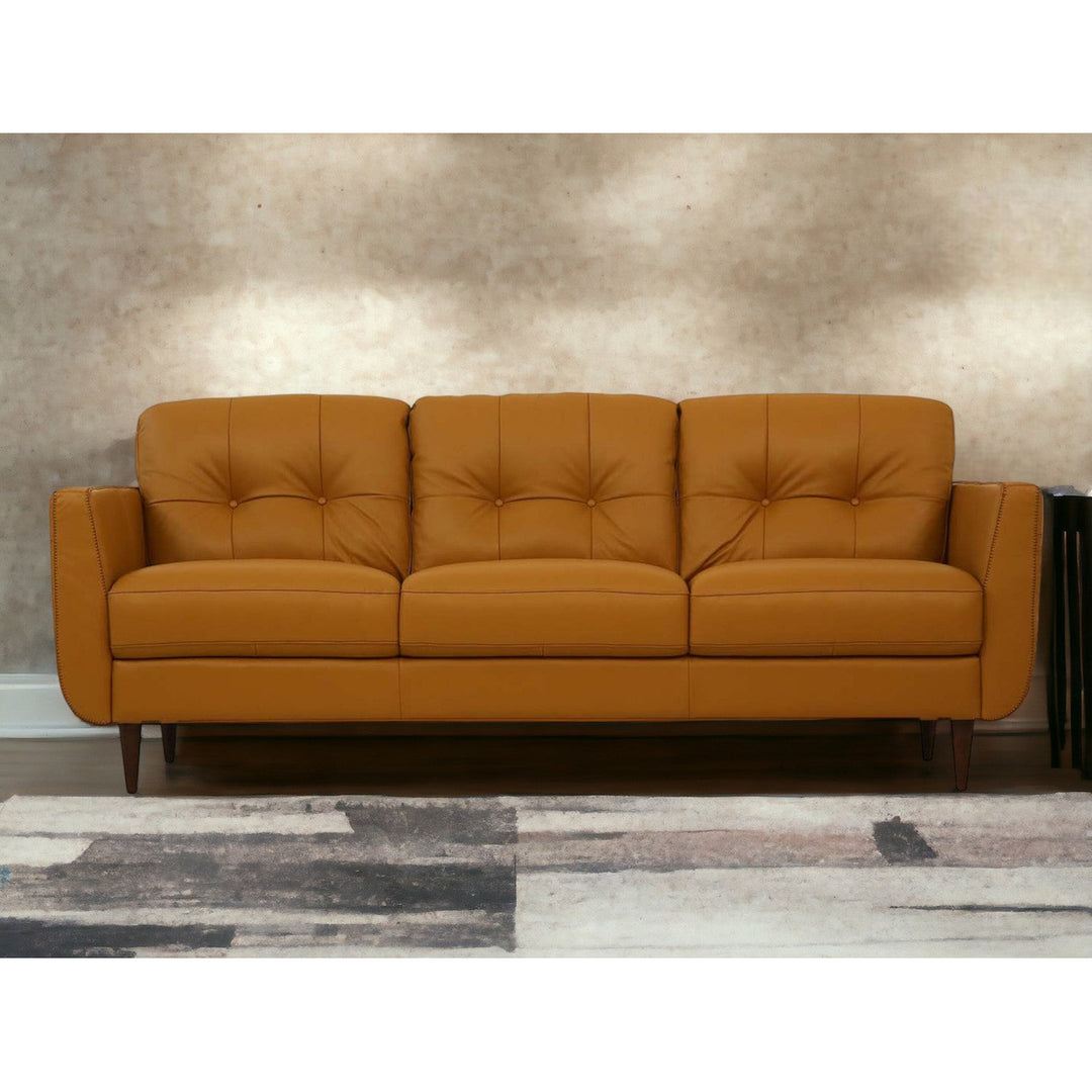 83" Orange Leather Sofa With Black Legs Image 7