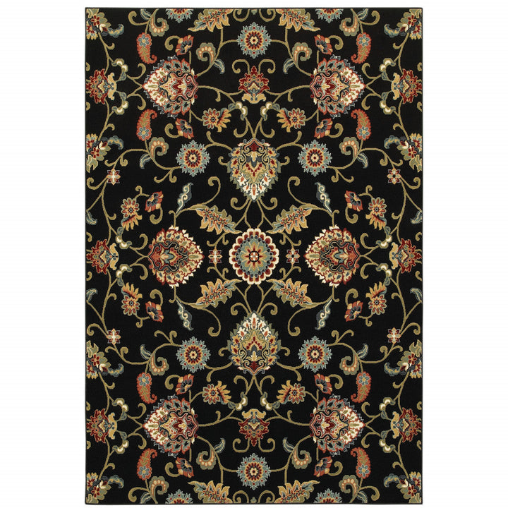 8 X 11 Black Red Green Ivory Salmon And Yellow Floral Power Loom Stain Resistant Area Rug Image 1