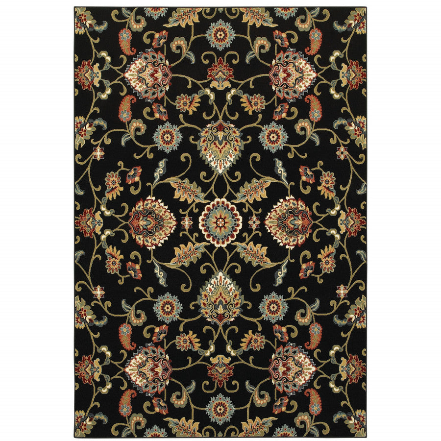 8 X 11 Black Red Green Ivory Salmon And Yellow Floral Power Loom Stain Resistant Area Rug Image 1