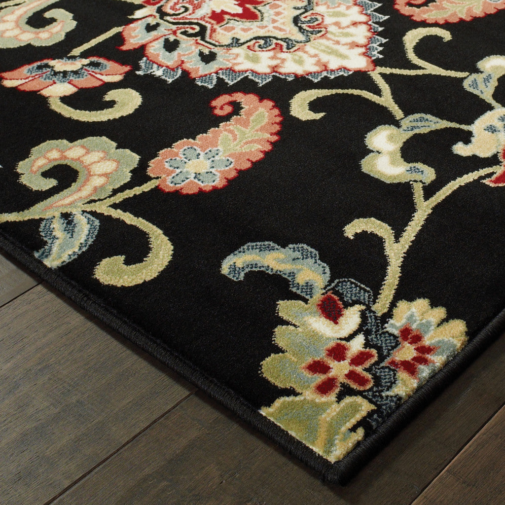 8 X 11 Black Red Green Ivory Salmon And Yellow Floral Power Loom Stain Resistant Area Rug Image 2