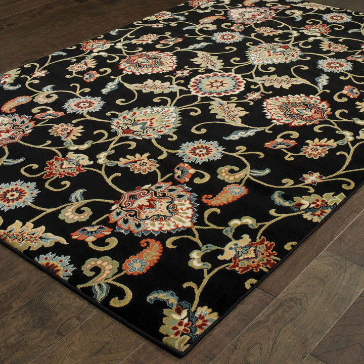 8 X 11 Black Red Green Ivory Salmon And Yellow Floral Power Loom Stain Resistant Area Rug Image 3