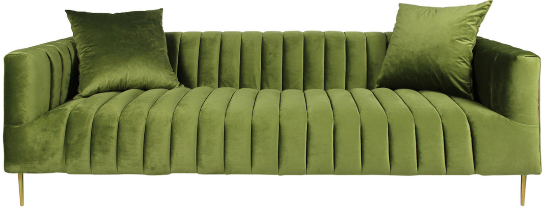 90" Olive Green Velvet Sofa And Toss Pillows With Gold Legs Image 1