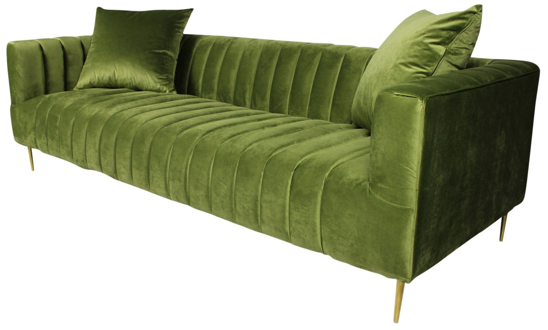 90" Olive Green Velvet Sofa And Toss Pillows With Gold Legs Image 2