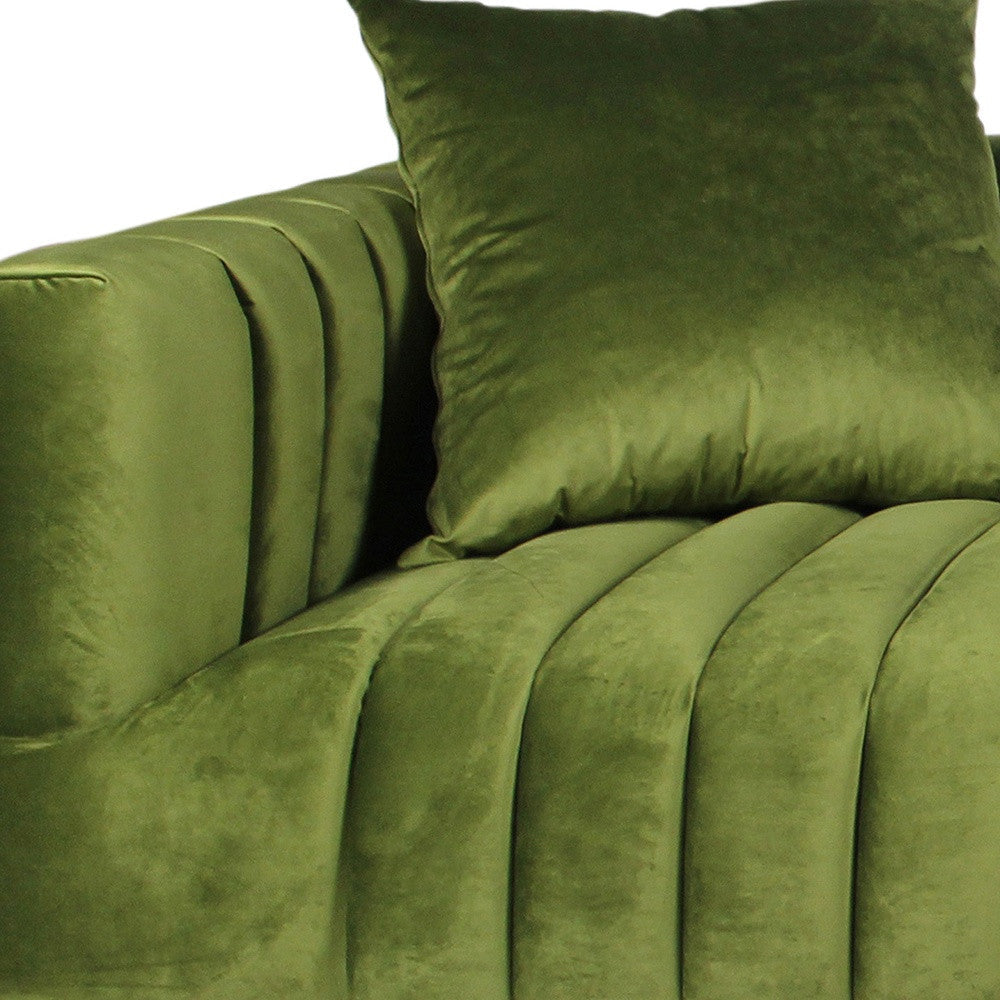 90" Olive Green Velvet Sofa And Toss Pillows With Gold Legs Image 3