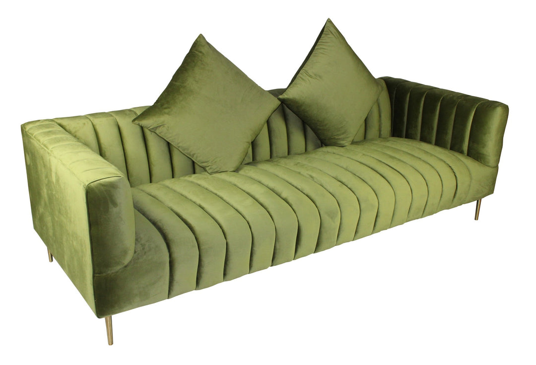 90" Olive Green Velvet Sofa And Toss Pillows With Gold Legs Image 4