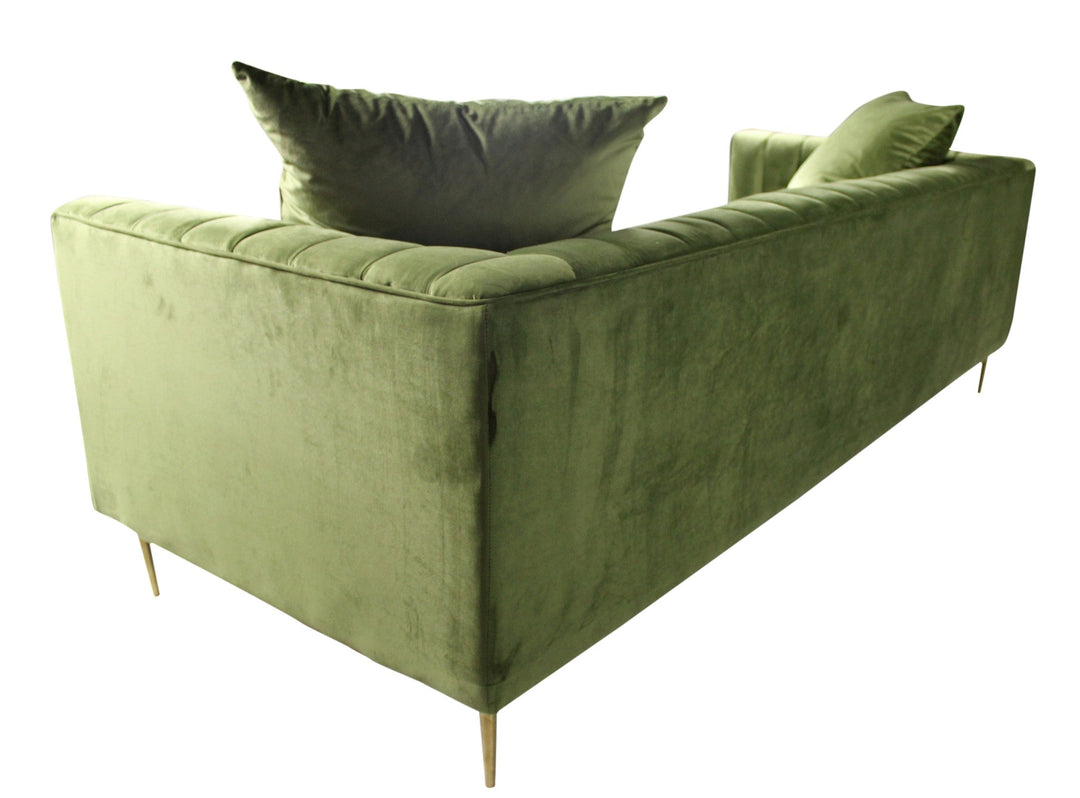 90" Olive Green Velvet Sofa And Toss Pillows With Gold Legs Image 5