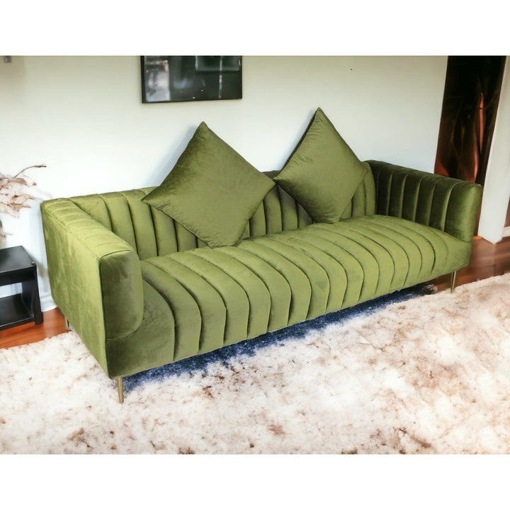 90" Olive Green Velvet Sofa And Toss Pillows With Gold Legs Image 6