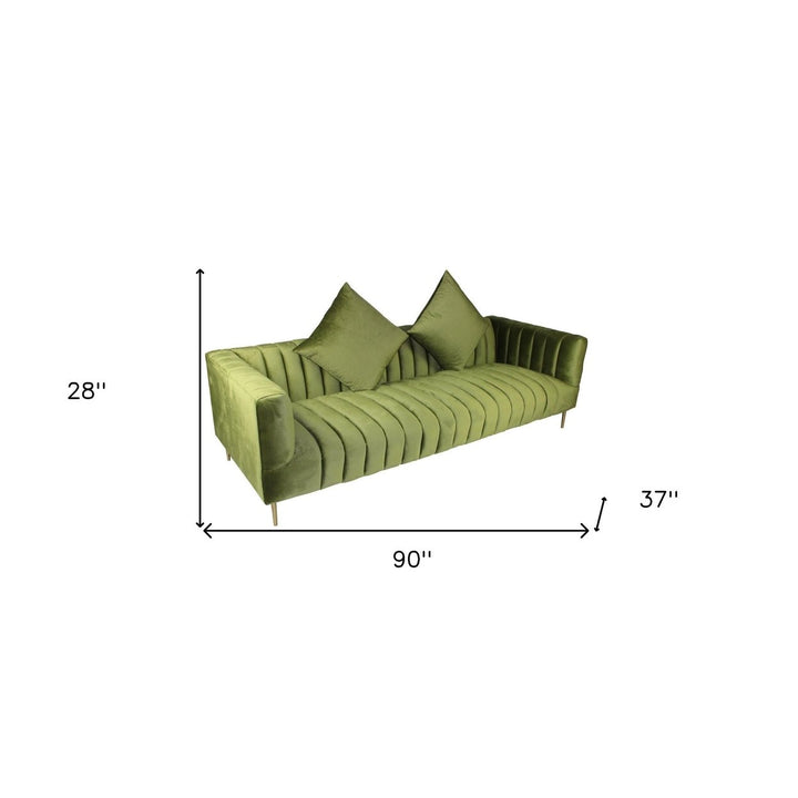 90" Olive Green Velvet Sofa And Toss Pillows With Gold Legs Image 7