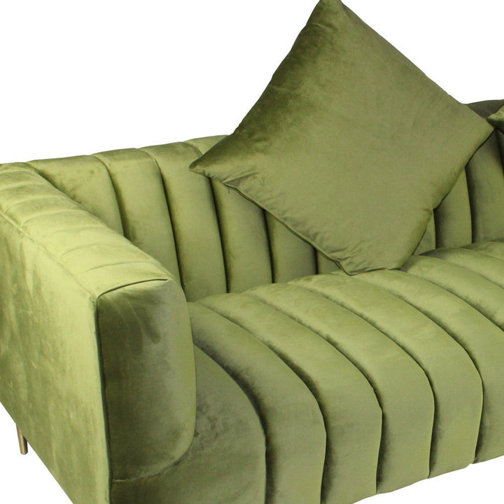 90" Olive Green Velvet Sofa And Toss Pillows With Gold Legs Image 8