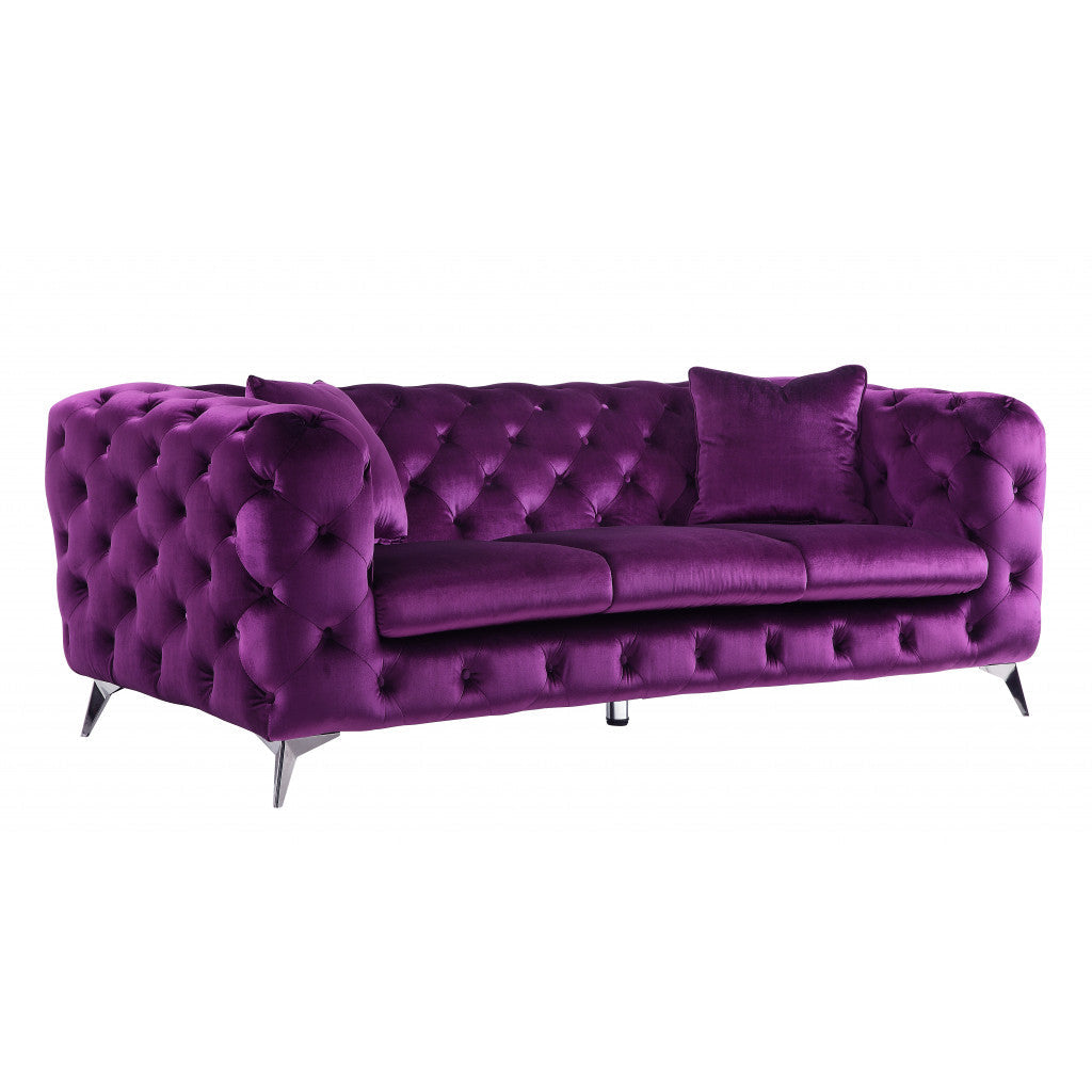 90" Purple Velvet Sofa With Silver Legs Image 1