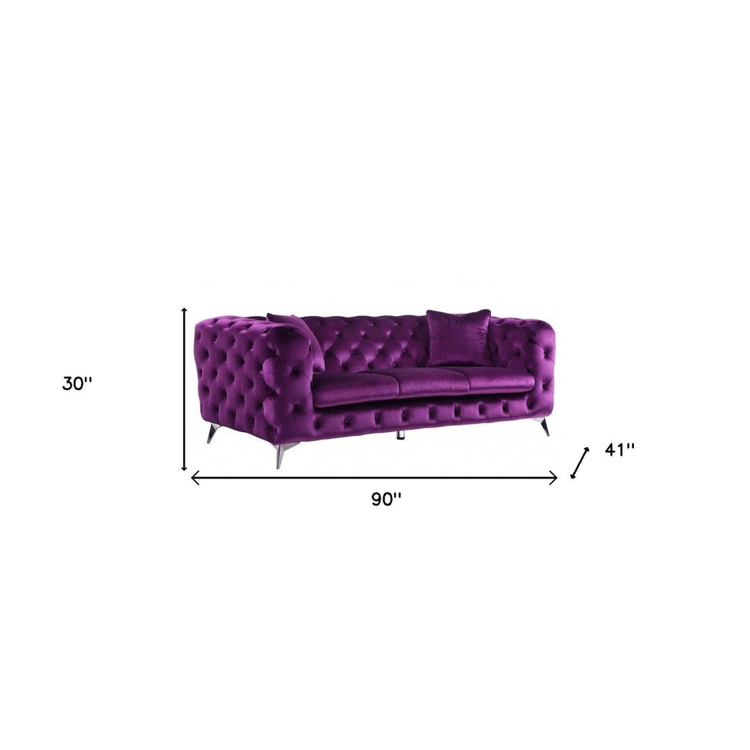 90" Purple Velvet Sofa With Silver Legs Image 2