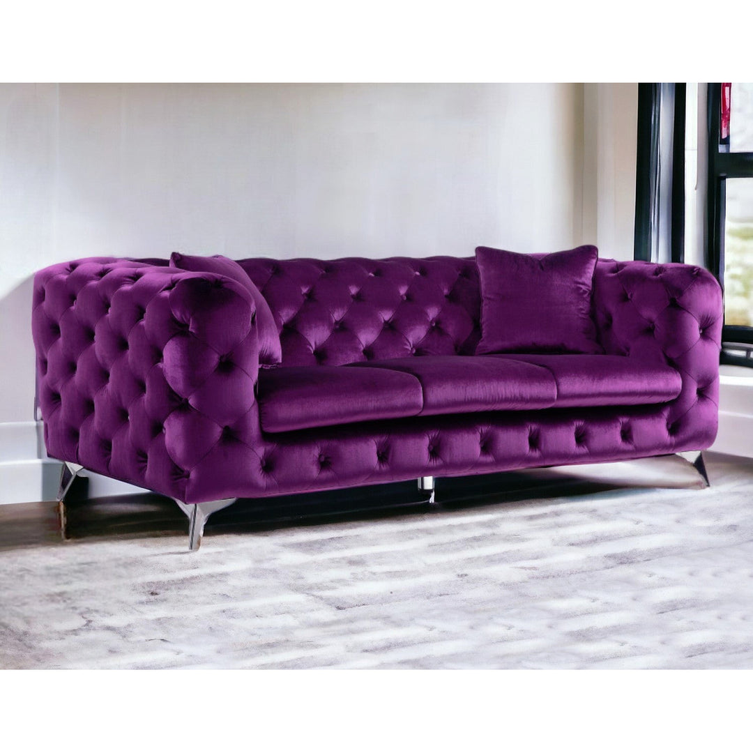 90" Purple Velvet Sofa With Silver Legs Image 5