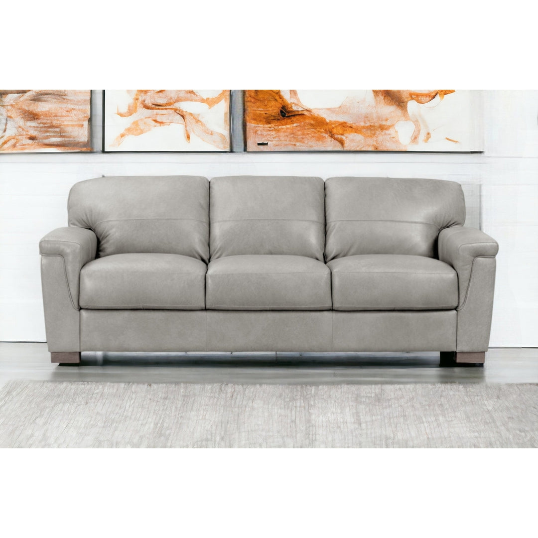 91" Gray Leather Sofa With Black Legs Image 6