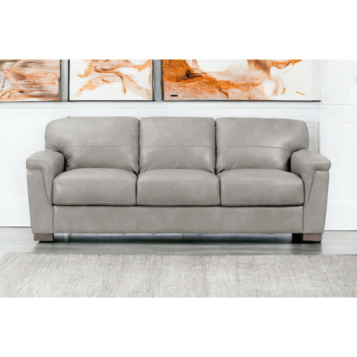 91" Gray Leather Sofa With Black Legs Image 6