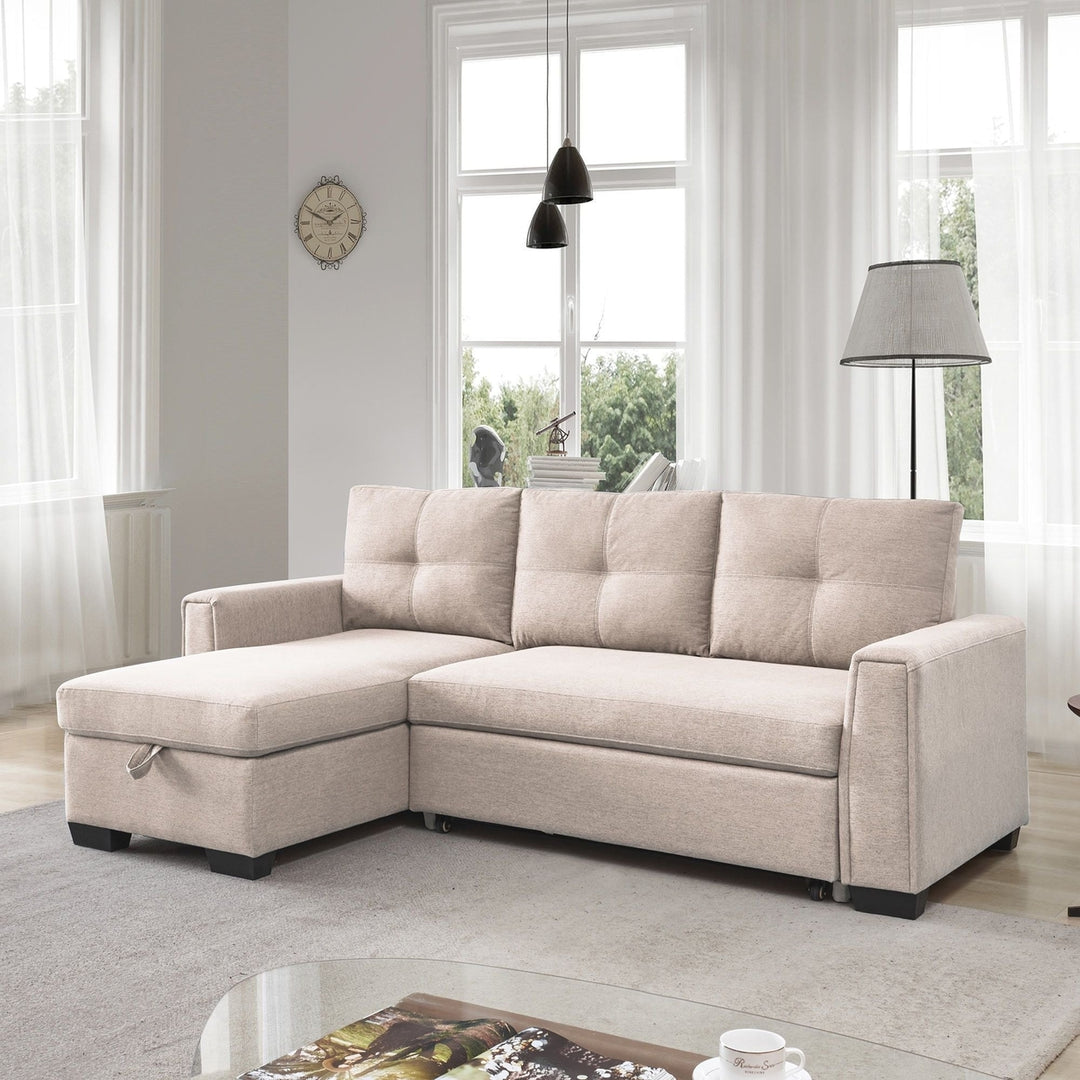 92" Beige Polyester Blend Convertible Futon Sleeper Sofa With Black Legs Image 1