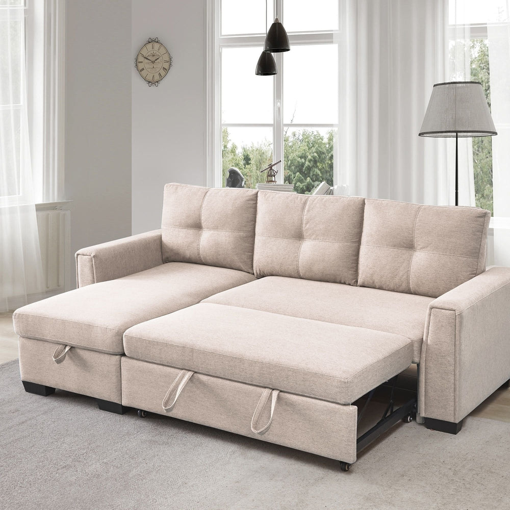 92" Beige Polyester Blend Convertible Futon Sleeper Sofa With Black Legs Image 2