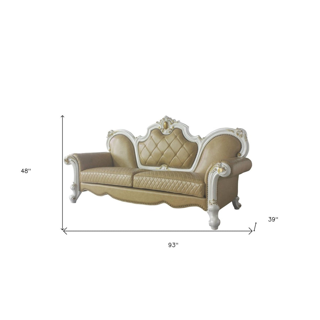 93" Golden Brown Faux Leather Sofa And Toss Pillows With Pearl Legs Image 2