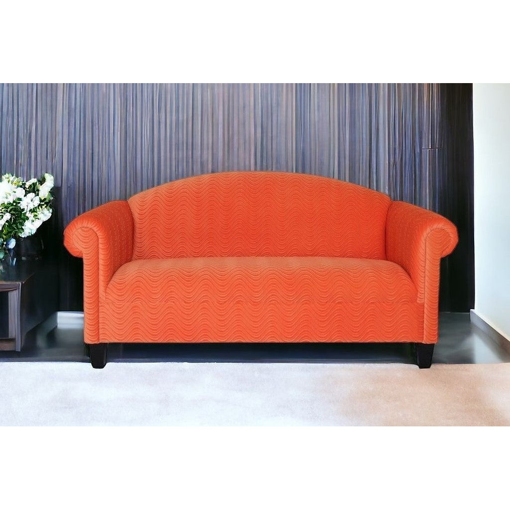 92" Orange Velvet Sofa With Black Legs Image 5