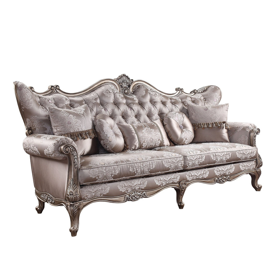 94" Dark Gray Imitation Silk Damask Sofa And Toss Pillows With Champagne Legs Image 1