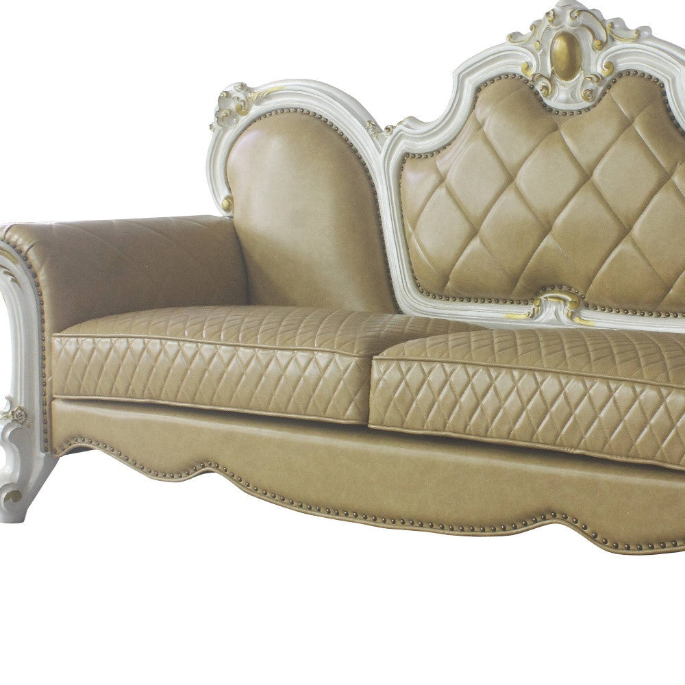 93" Golden Brown Faux Leather Sofa And Toss Pillows With Pearl Legs Image 4