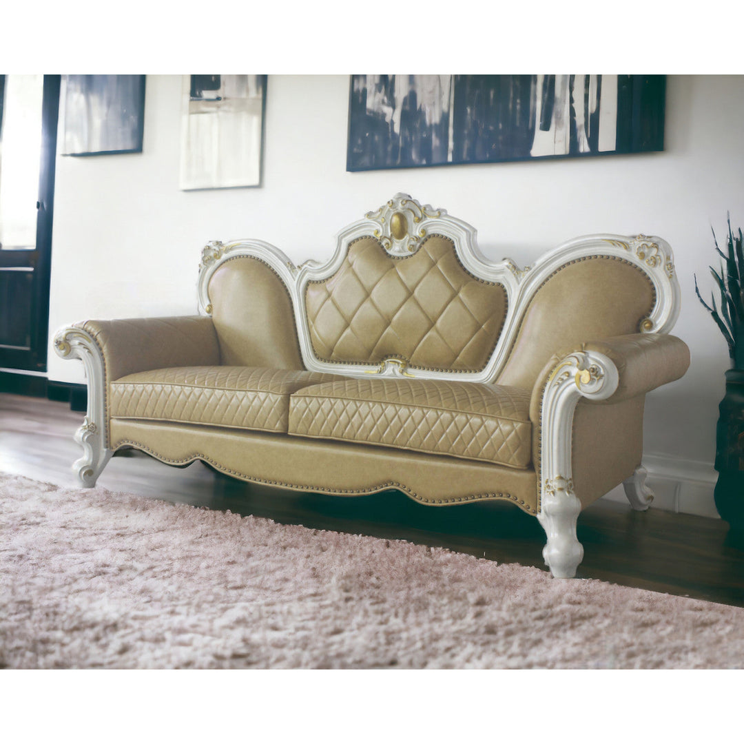 93" Golden Brown Faux Leather Sofa And Toss Pillows With Pearl Legs Image 5