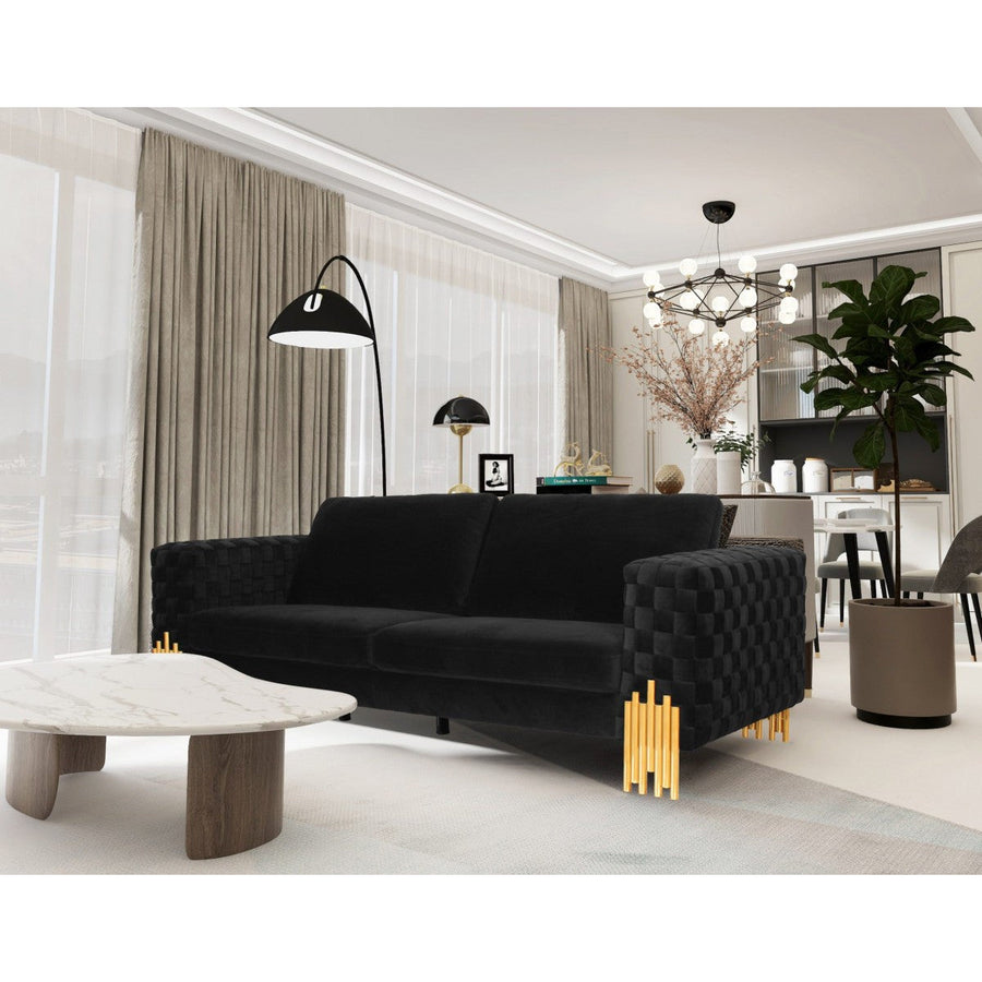 95" Black Velvet Sofa With Gold Legs Image 1