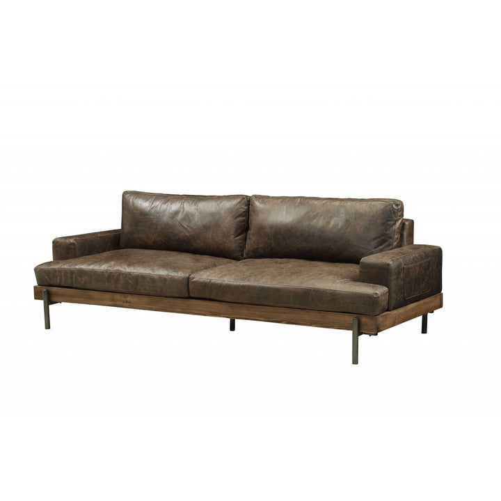 95" Chocolate Top Grain Leather Sofa With Black Legs Image 1