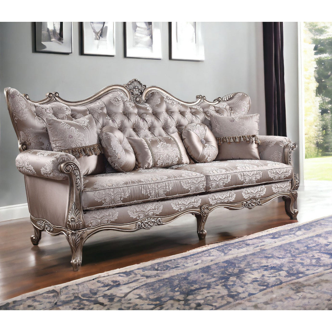 94" Dark Gray Imitation Silk Damask Sofa And Toss Pillows With Champagne Legs Image 5