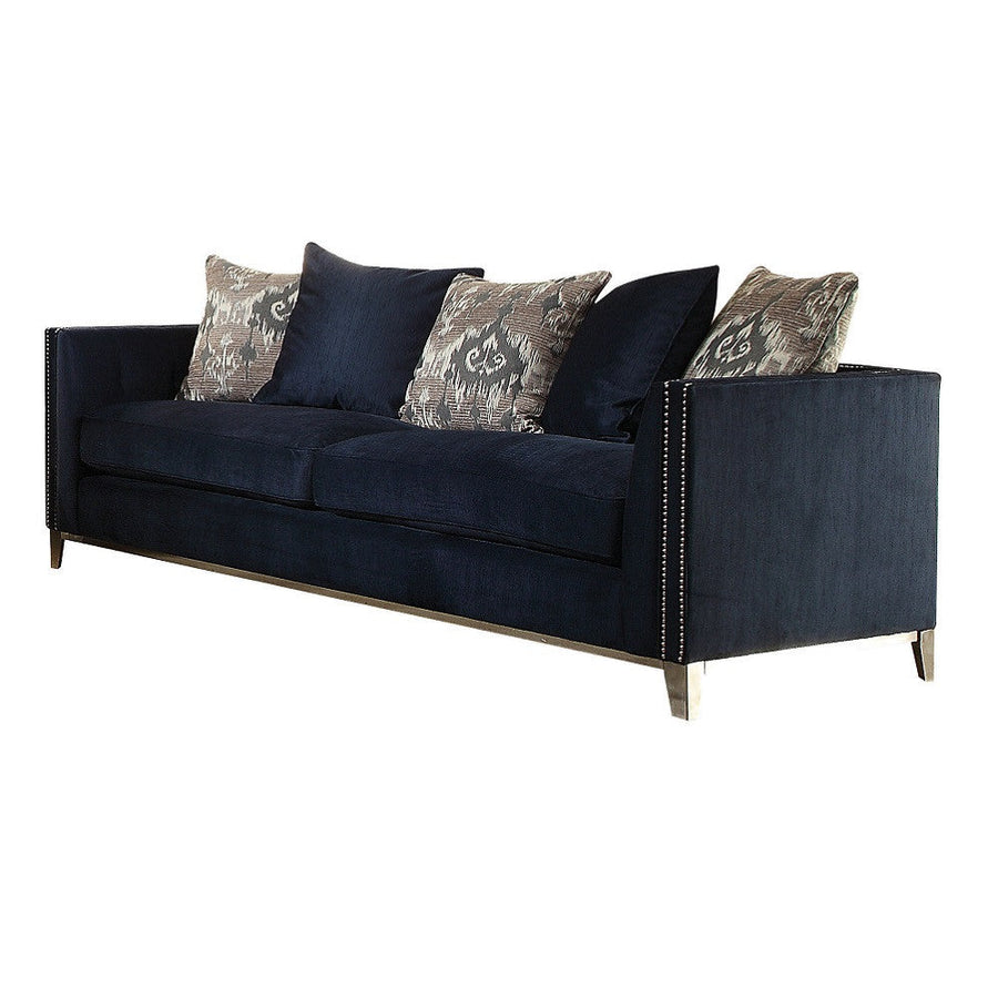 95" Blue Velvet Sofa And Toss Pillows With Silver Legs Image 1