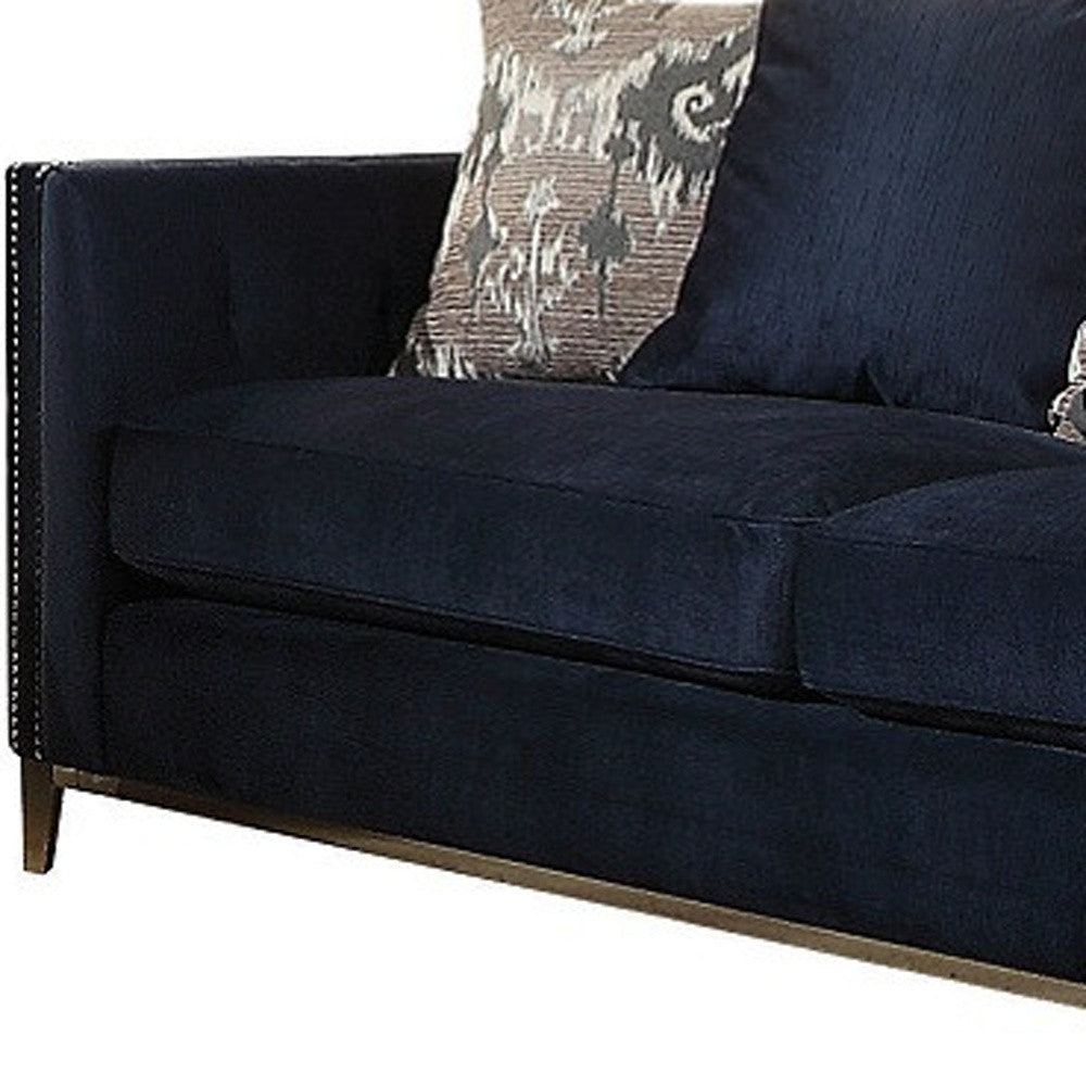 95" Blue Velvet Sofa And Toss Pillows With Silver Legs Image 2