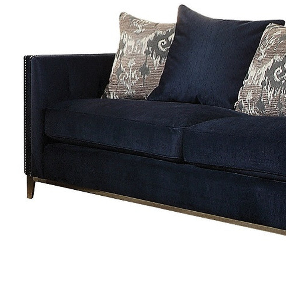 95" Blue Velvet Sofa And Toss Pillows With Silver Legs Image 3