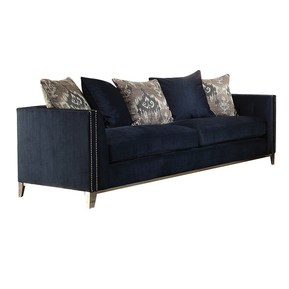 95" Blue Velvet Sofa And Toss Pillows With Silver Legs Image 4