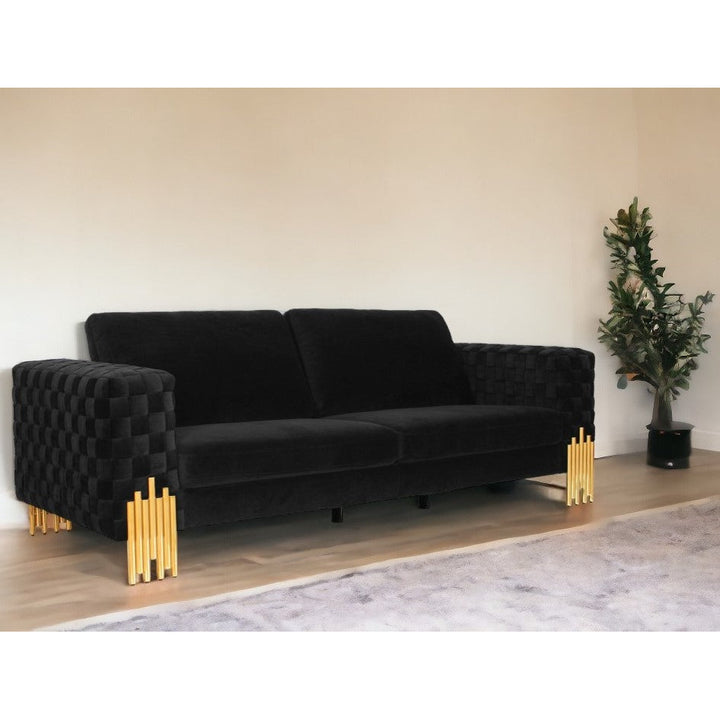 95" Black Velvet Sofa With Gold Legs Image 7