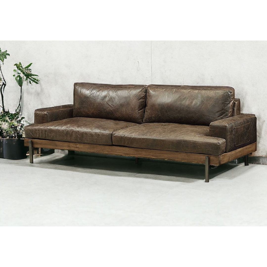 95" Chocolate Top Grain Leather Sofa With Black Legs Image 6