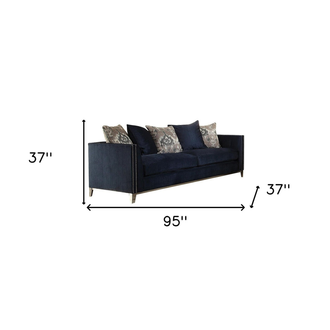 95" Blue Velvet Sofa And Toss Pillows With Silver Legs Image 5