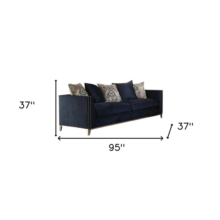 95" Blue Velvet Sofa And Toss Pillows With Silver Legs Image 5