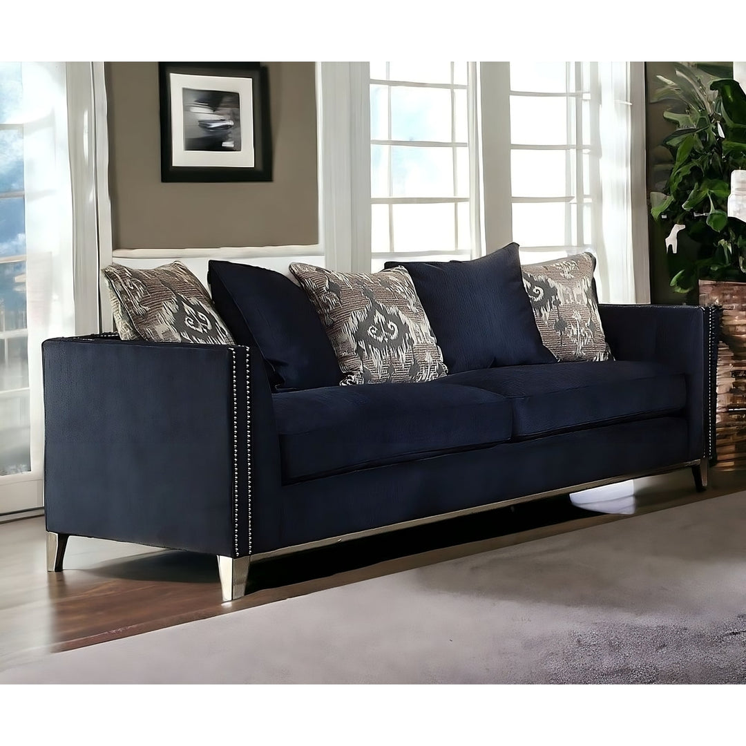 95" Blue Velvet Sofa And Toss Pillows With Silver Legs Image 6