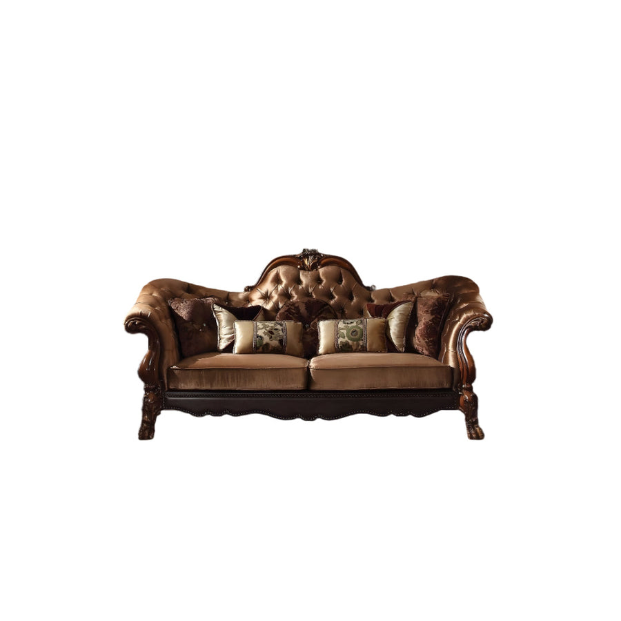 95" Golden Brown Velvet Curved Sofa And Toss Pillows With Brown Legs Image 1