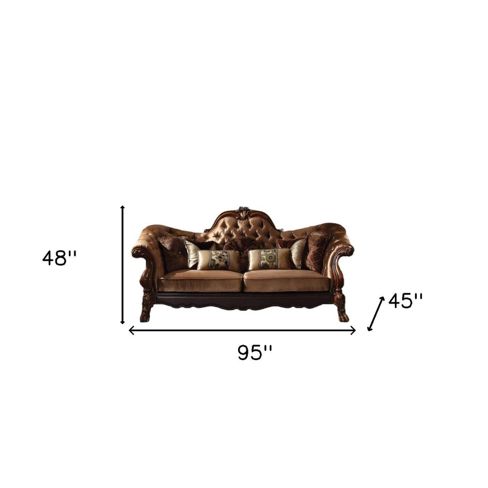 95" Golden Brown Velvet Curved Sofa And Toss Pillows With Brown Legs Image 2