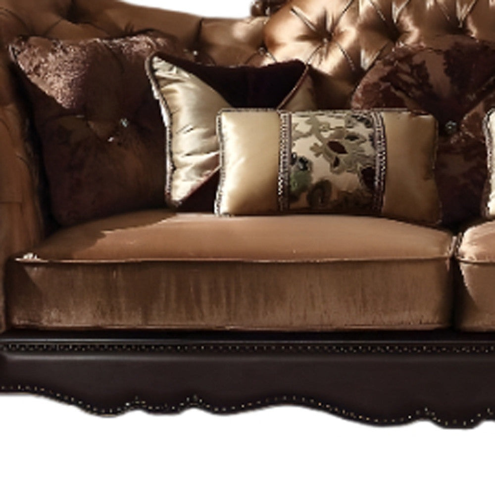 95" Golden Brown Velvet Curved Sofa And Toss Pillows With Brown Legs Image 3