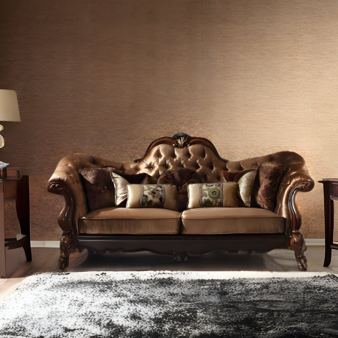 95" Golden Brown Velvet Curved Sofa And Toss Pillows With Brown Legs Image 5