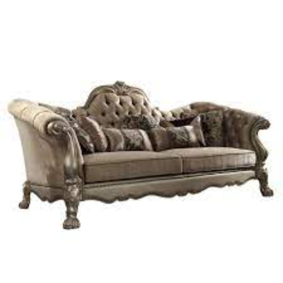 96" Bone Velvet Sofa And Toss Pillows With Gold Legs Image 1