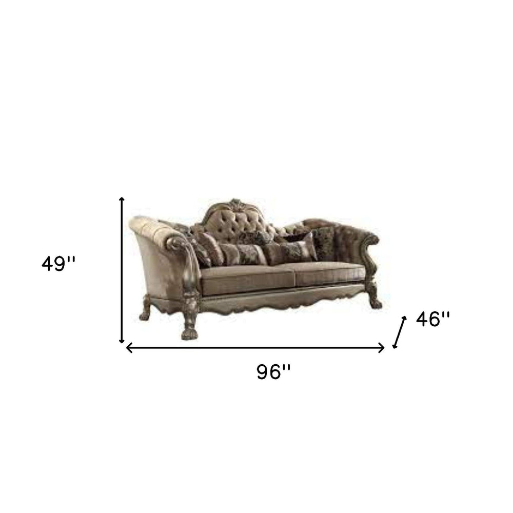 96" Bone Velvet Sofa And Toss Pillows With Gold Legs Image 2