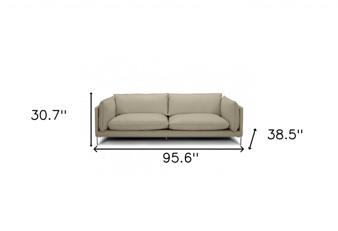 96" Taupe Top Grain Leather Sofa With Silver Legs Image 2