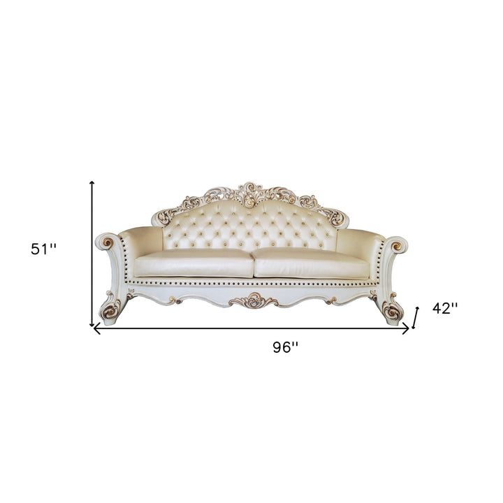 96" Champagne Faux Leather Sofa And Toss Pillows With Pearl Legs Image 2