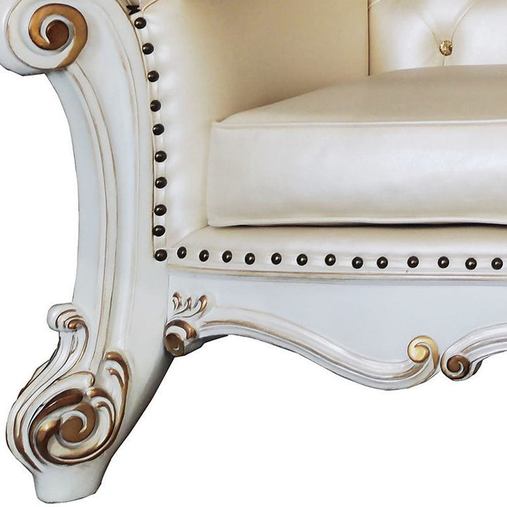 96" Champagne Faux Leather Sofa And Toss Pillows With Pearl Legs Image 4