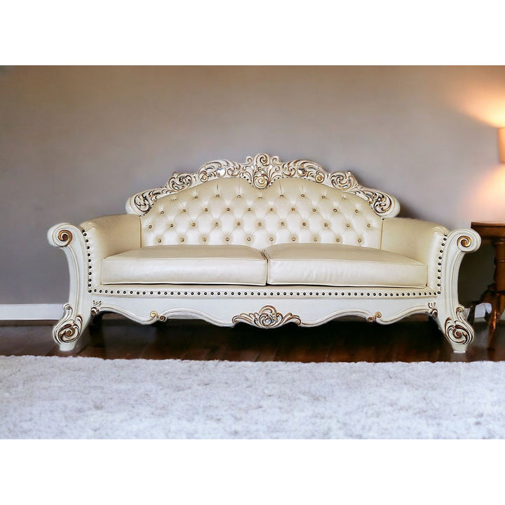 96" Champagne Faux Leather Sofa And Toss Pillows With Pearl Legs Image 5