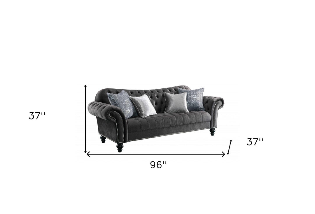 96" Dark Gray Velvet Sofa And Toss Pillows With Black Legs Image 3