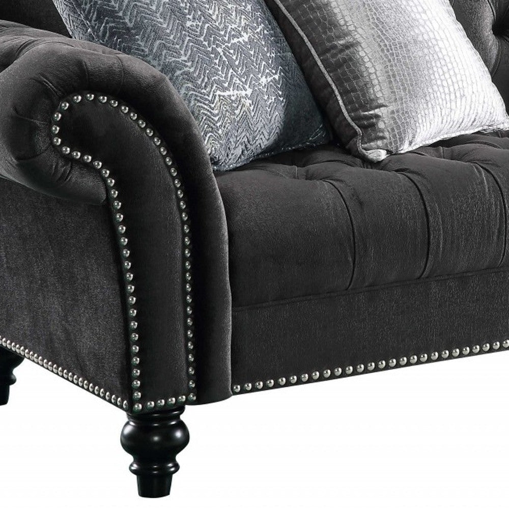 96" Dark Gray Velvet Sofa And Toss Pillows With Black Legs Image 4